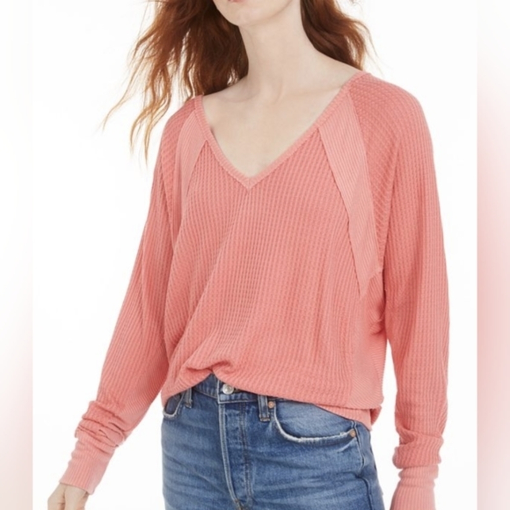 NWT Free People Santa Clara deep V mulberry long dolman sleeve waffle knit